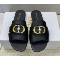 Low Cost Dior 30 Montaigne Flat Slides Sandal in Calfskin Leather with Pearl Black 1217008