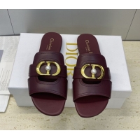 Good Quality Dior 30 Montaigne Flat Slides Sandal in Calfskin Leather with Pearl Dark Burgundy 1217010