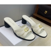 Grade Dior 30M Heeled Slides Sandal 5cm in Calfskin Leather with CD Pearl White 1217018