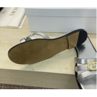 Luxury Cheap Dior 30M Flat Slides Sandal in Calfskin Leather with CD Pearl Silver 1217030