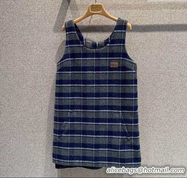 Luxury Cheap Miu Miu Wool Plaid Dress MM122501 Blue/Grey 2025