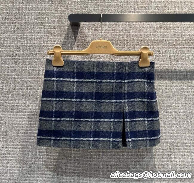 Best Quality Miu Miu Wool Plaid Skirt MM122501 Blue/Grey 2025