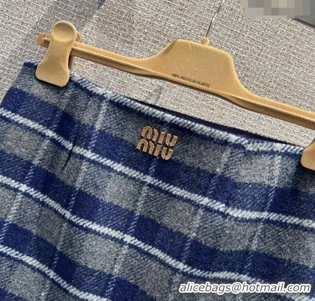 Best Quality Miu Miu Wool Plaid Skirt MM122501 Blue/Grey 2025