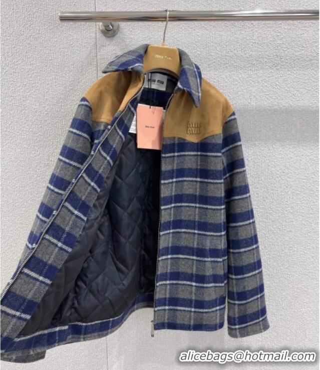 Famous Brand Miu Miu Wool Plaid Jacket MM122501 Blue/Grey/Beige 2025