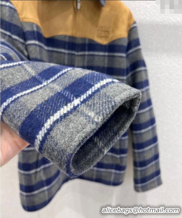 Famous Brand Miu Miu Wool Plaid Jacket MM122501 Blue/Grey/Beige 2025