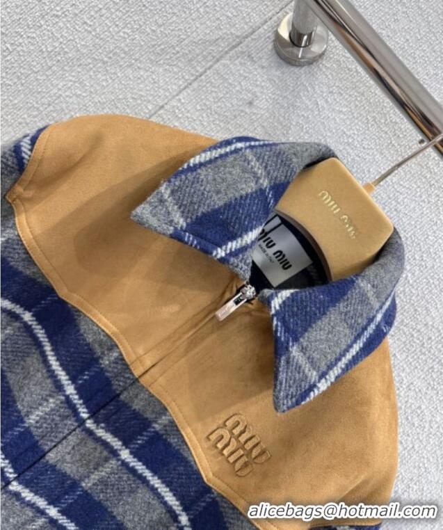 Famous Brand Miu Miu Wool Plaid Jacket MM122501 Blue/Grey/Beige 2025