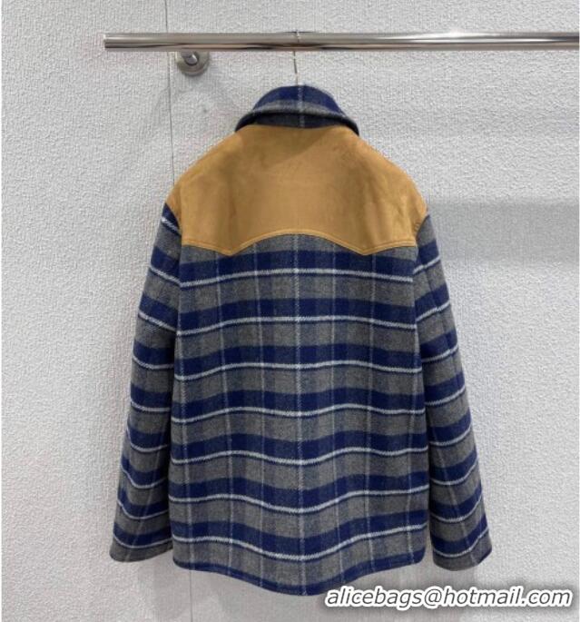 Famous Brand Miu Miu Wool Plaid Jacket MM122501 Blue/Grey/Beige 2025