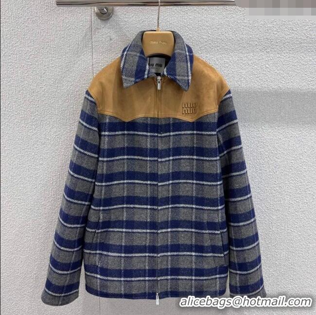Famous Brand Miu Miu Wool Plaid Jacket MM122501 Blue/Grey/Beige 2025