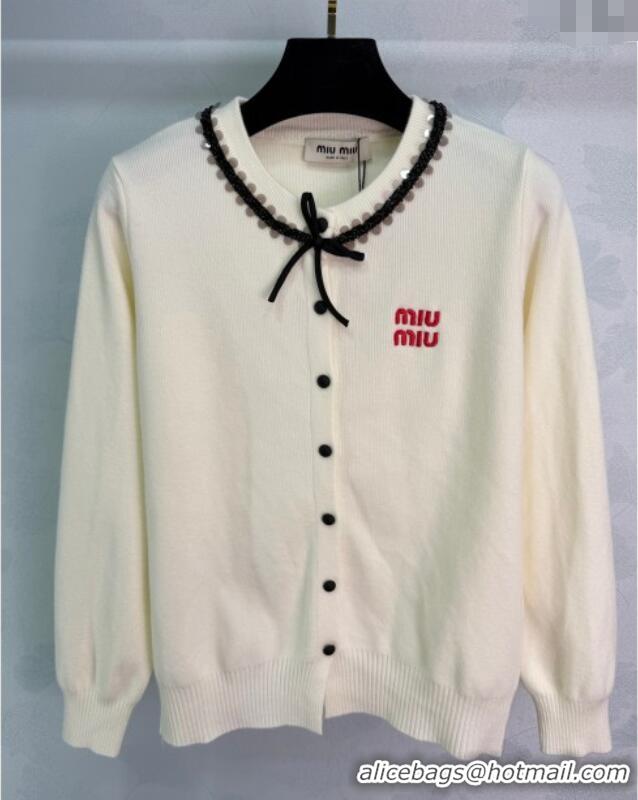Top Grade Miu Miu Wool Cardigan with Sequin and Bow MM122512 White 2025