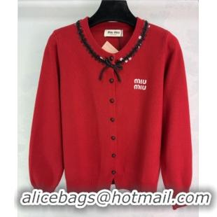 Grade Discount Miu Miu Wool Cardigan with Sequin and Bow MM122512 Red 2025