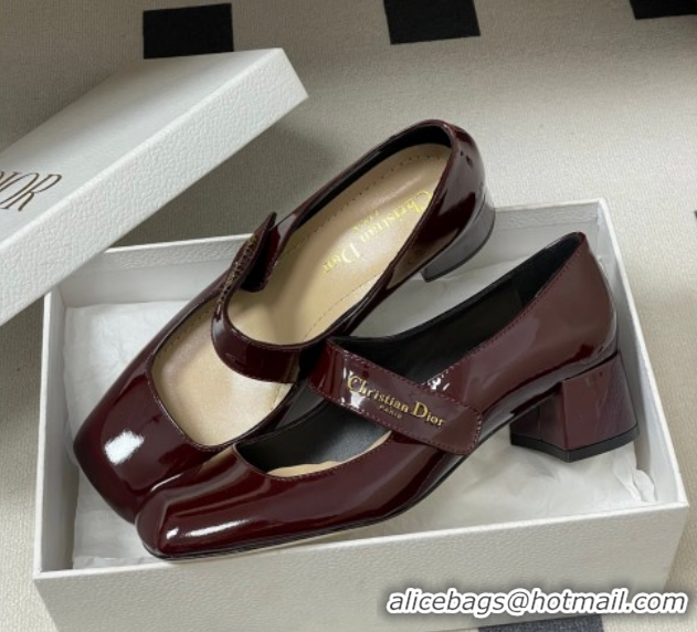 Shop Cheap Dior Patent Leather Mary Janes Pumps 4cm Dark Burgundy DR121704 1217072