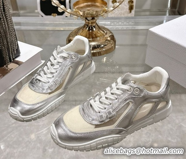 Fashion Dior Tech Sneakers in Calfskin Leather and Transparent Mesh Silver-Tone 1217075