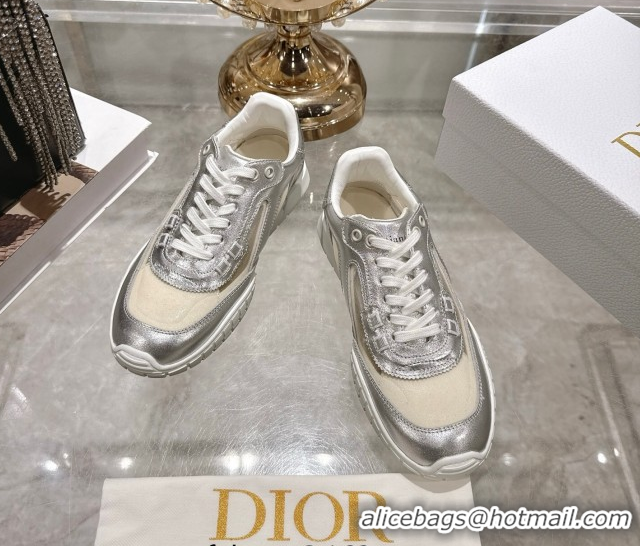 Fashion Dior Tech Sneakers in Calfskin Leather and Transparent Mesh Silver-Tone 1217075