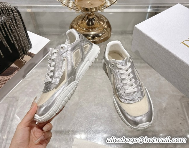 Fashion Dior Tech Sneakers in Calfskin Leather and Transparent Mesh Silver-Tone 1217075