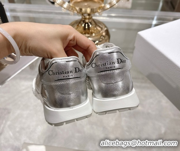 Fashion Dior Tech Sneakers in Calfskin Leather and Transparent Mesh Silver-Tone 1217075