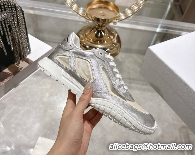 Fashion Dior Tech Sneakers in Calfskin Leather and Transparent Mesh Silver-Tone 1217075