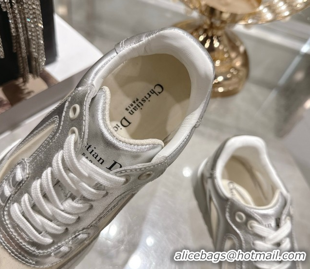 Fashion Dior Tech Sneakers in Calfskin Leather and Transparent Mesh Silver-Tone 1217075