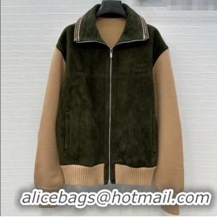 Top Quality Miu Miu Sheepskin Suede Jacket MM122517 Green/Beige 2025