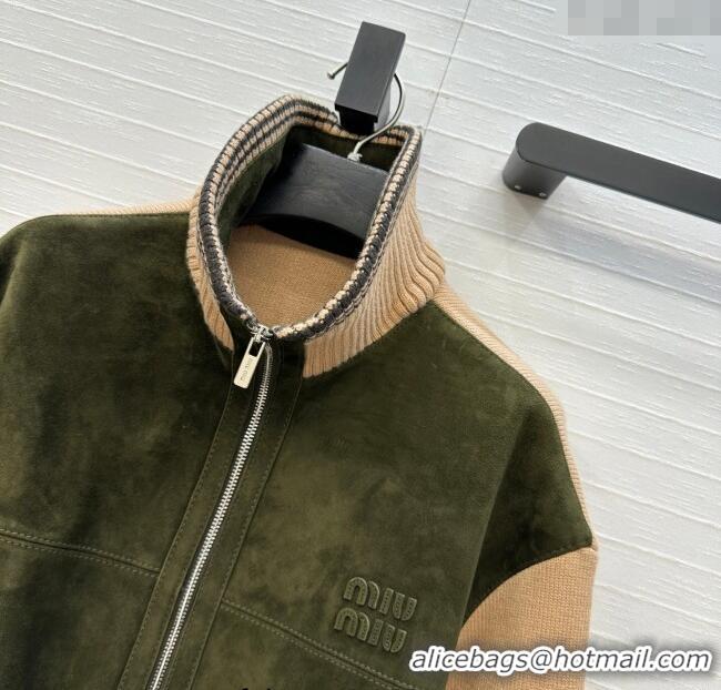Top Quality Miu Miu Sheepskin Suede Jacket MM122517 Green/Beige 2025
