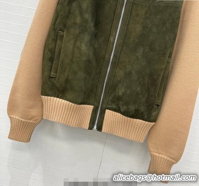 Top Quality Miu Miu Sheepskin Suede Jacket MM122517 Green/Beige 2025