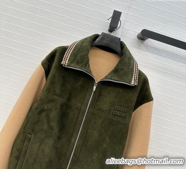 Top Quality Miu Miu Sheepskin Suede Jacket MM122517 Green/Beige 2025