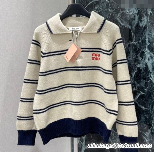 Luxury Discount Miu Miu Wool Cashmere Striped Sweater MM122518 White 2025