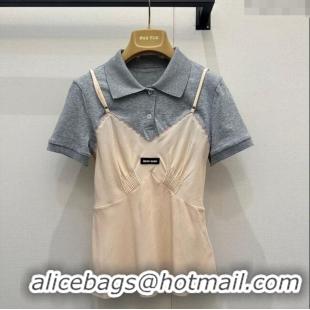 Famous Brand Miu Miu Cotton and Silk Polo Shirt MM122519 Grey/Nude 2025