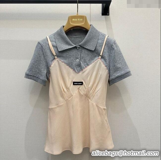 Famous Brand Miu Miu Cotton and Silk Polo Shirt MM122519 Grey/Nude 2025