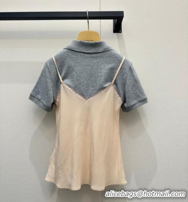 Famous Brand Miu Miu Cotton and Silk Polo Shirt MM122519 Grey/Nude 2025
