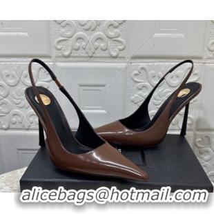 Stylish Saint Laurent Romy Slingback Pumps 10.5cm in Patent Leather Brown 1028085