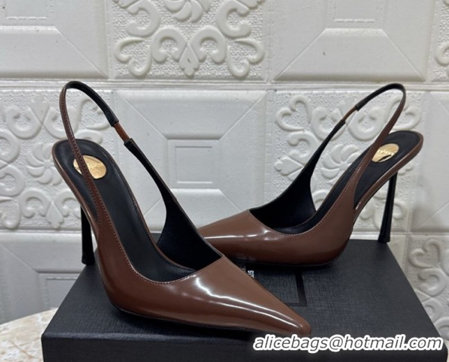 Stylish Saint Laurent Romy Slingback Pumps 10.5cm in Patent Leather Brown 1028085