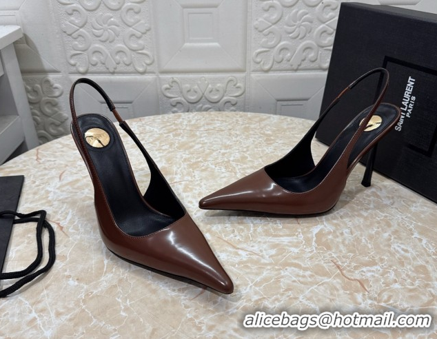 Stylish Saint Laurent Romy Slingback Pumps 10.5cm in Patent Leather Brown 1028085