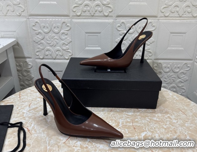 Stylish Saint Laurent Romy Slingback Pumps 10.5cm in Patent Leather Brown 1028085