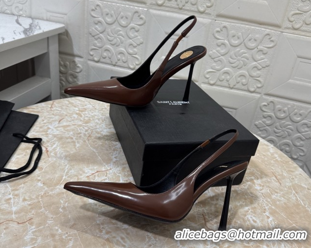 Stylish Saint Laurent Romy Slingback Pumps 10.5cm in Patent Leather Brown 1028085