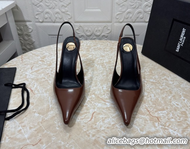 Stylish Saint Laurent Romy Slingback Pumps 10.5cm in Patent Leather Brown 1028085