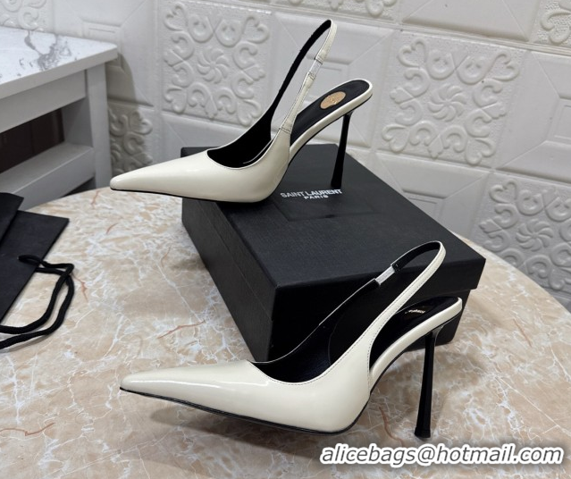 Good Quality Saint Laurent Romy Slingback Pumps 10.5cm in Patent Leather White 1028086