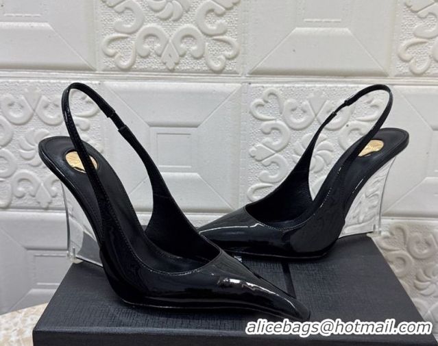 Perfect Saint Laurent Pointy Slingback Wedge Pumps 10.5cm in Patent Leather Black 1028087