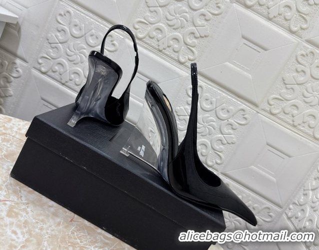 Perfect Saint Laurent Pointy Slingback Wedge Pumps 10.5cm in Patent Leather Black 1028087