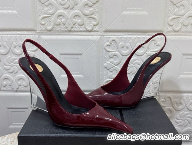 Sophisticated Saint Laurent Pointy Slingback Wedge Pumps 10.5cm in Patent Leather Burgundy 1028088