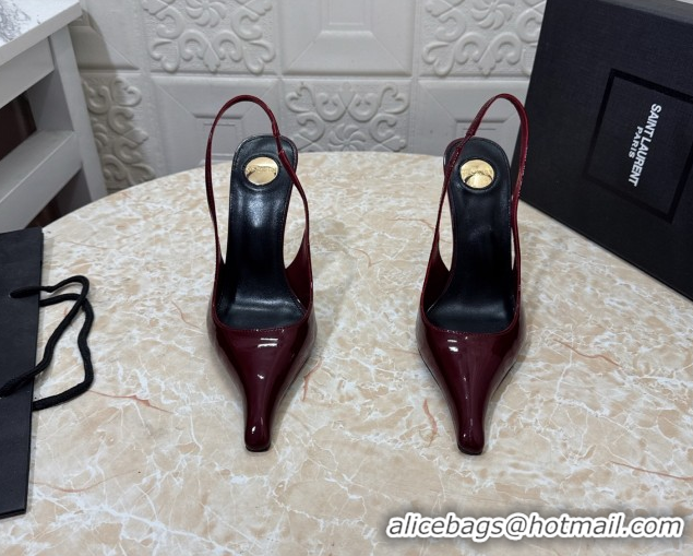 Sophisticated Saint Laurent Pointy Slingback Wedge Pumps 10.5cm in Patent Leather Burgundy 1028088