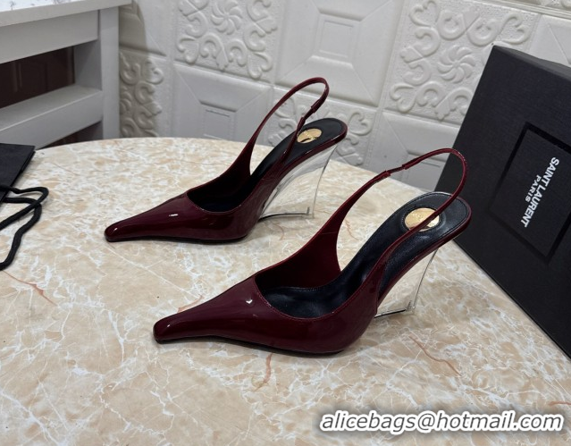Sophisticated Saint Laurent Pointy Slingback Wedge Pumps 10.5cm in Patent Leather Burgundy 1028088
