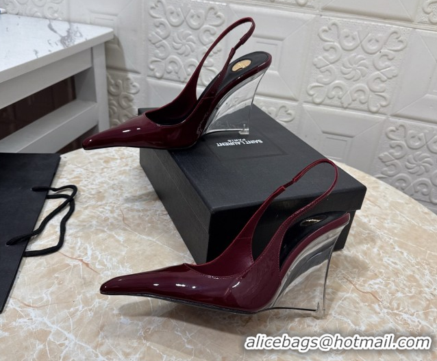 Sophisticated Saint Laurent Pointy Slingback Wedge Pumps 10.5cm in Patent Leather Burgundy 1028088