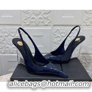 Best Price Saint Laurent Pointy Slingback Wedge Pumps 10.5cm in Patent Leather Blue 1028089