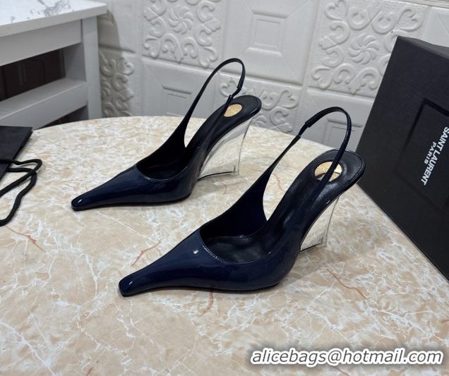Best Price Saint Laurent Pointy Slingback Wedge Pumps 10.5cm in Patent Leather Blue 1028089