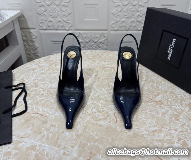 Best Price Saint Laurent Pointy Slingback Wedge Pumps 10.5cm in Patent Leather Blue 1028089