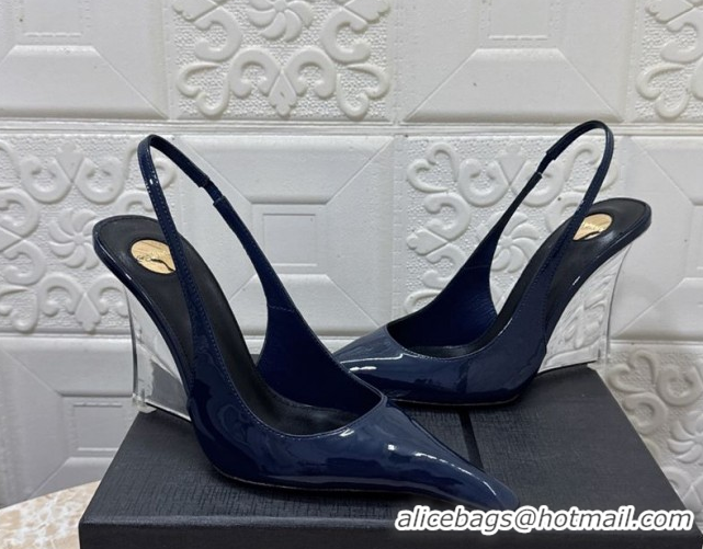 Best Price Saint Laurent Pointy Slingback Wedge Pumps 10.5cm in Patent Leather Blue 1028089