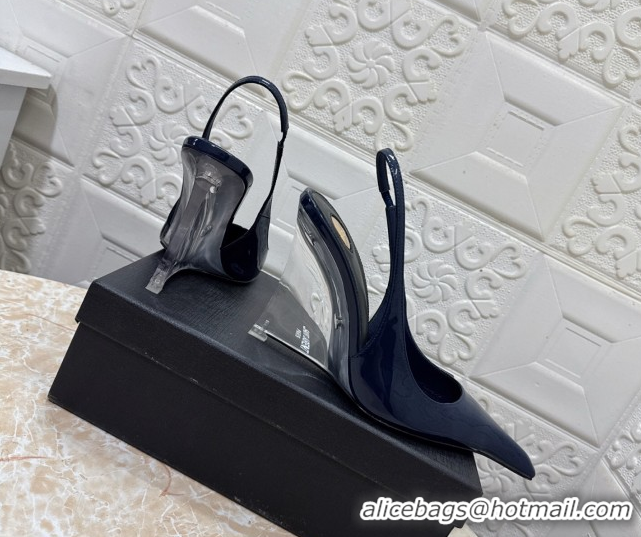 Best Price Saint Laurent Pointy Slingback Wedge Pumps 10.5cm in Patent Leather Blue 1028089