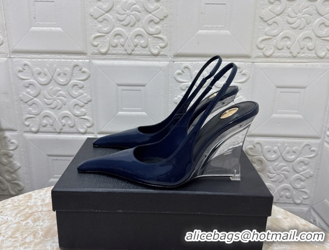 Best Price Saint Laurent Pointy Slingback Wedge Pumps 10.5cm in Patent Leather Blue 1028089