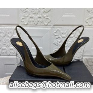 Best Grade Saint Laurent Pointy Slingback Wedge Pumps 10.5cm in Patent Leather Green 1028090