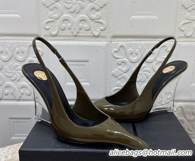 Best Grade Saint Laurent Pointy Slingback Wedge Pumps 10.5cm in Patent Leather Green 1028090